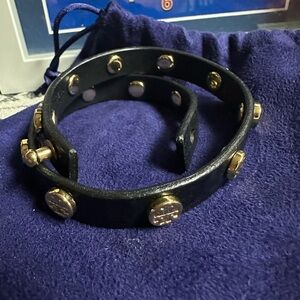 Tory Burch Black Leather Bracelet with Gold Accents
